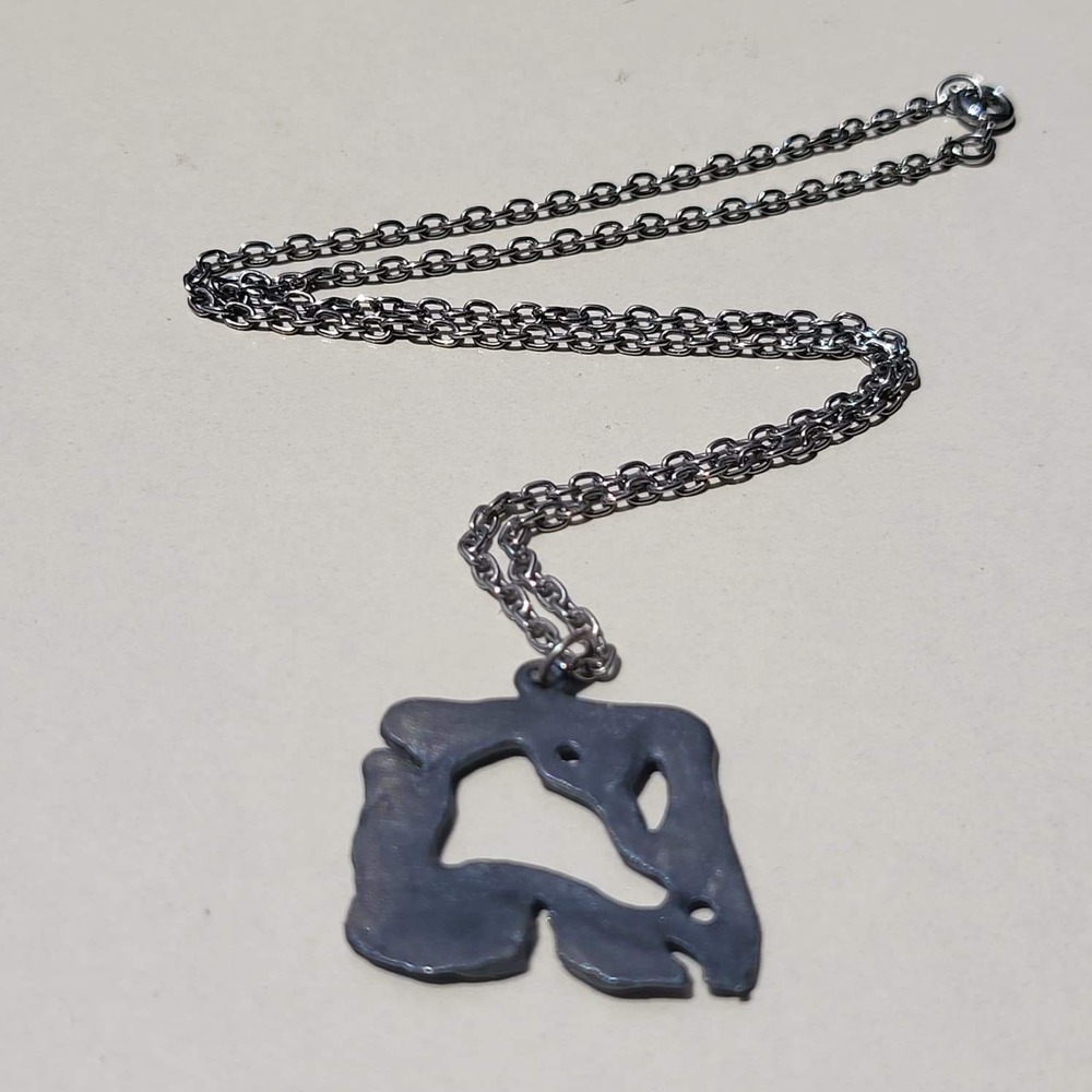 Vintage Pewter Metal Abstract Brutalist Pendant Necklace Gray Handcrafted